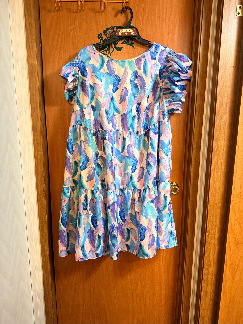 Women’s  Feather-Print Tiered Dress — Blue & Purple